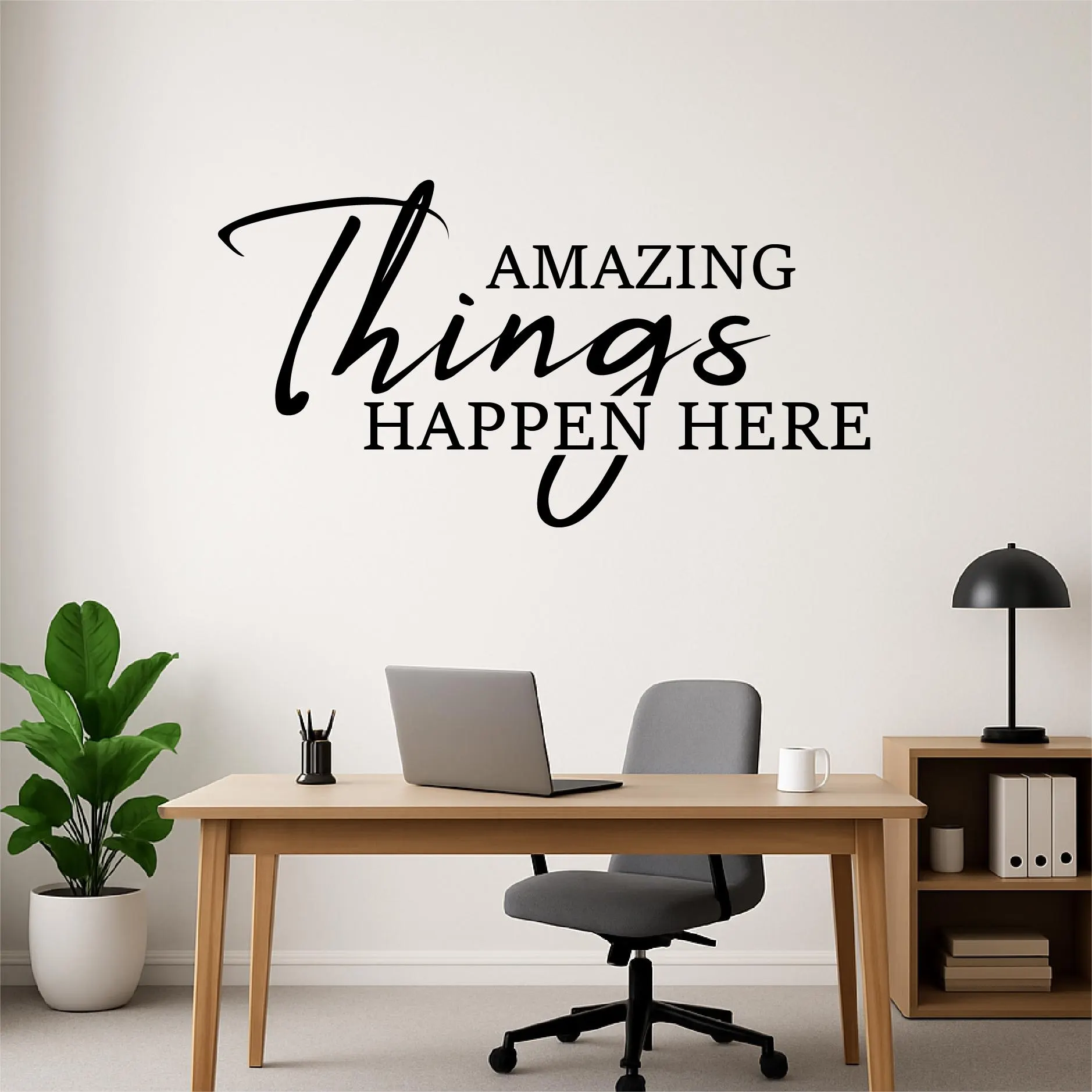 Motivational OFFICE Wall Quote Decal 'Amazing Things Happen Here' - Vinyl Sticker for offices and work from home Spaces #011